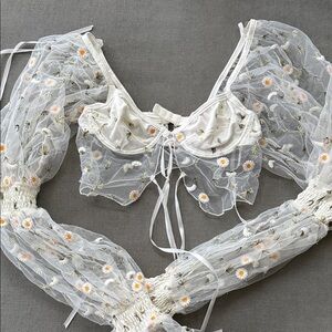 Sugar Thrills - Sheer Daisy-Embroidered Puff Sleeve Bralette - Cream - XS